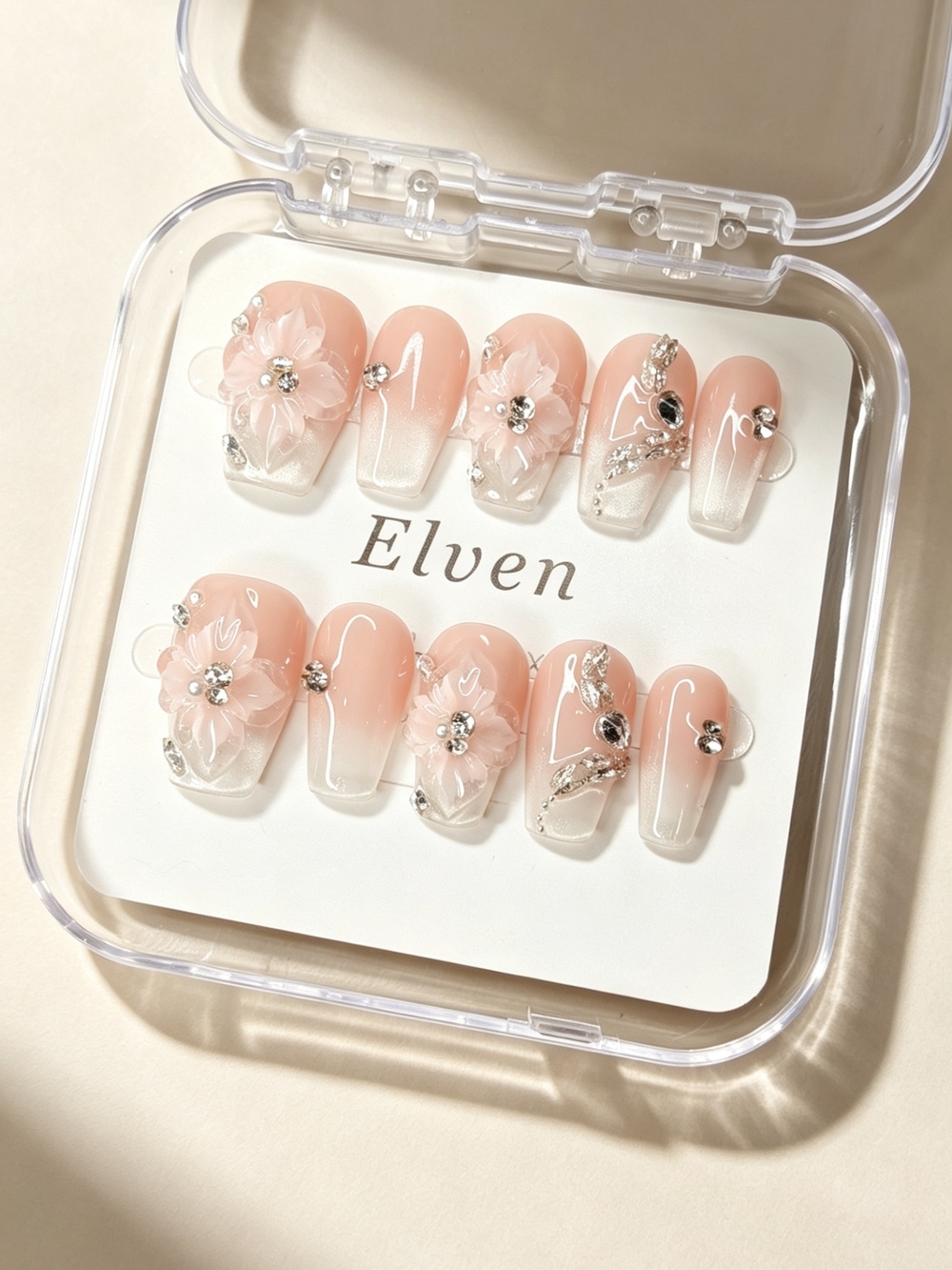 Pink Ombre Silver Cat Eye With Floral Rhinestone Short Square Press On Nails